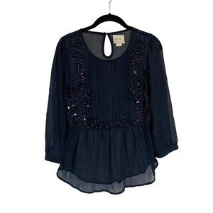 Anthropologie Maeve Helene Sequined Embellished‎ Peplum Navy Blue Blouse Size 2
